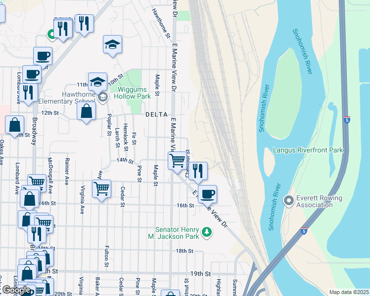map of restaurants, bars, coffee shops, grocery stores, and more near 1310 Chestnut Street in Everett