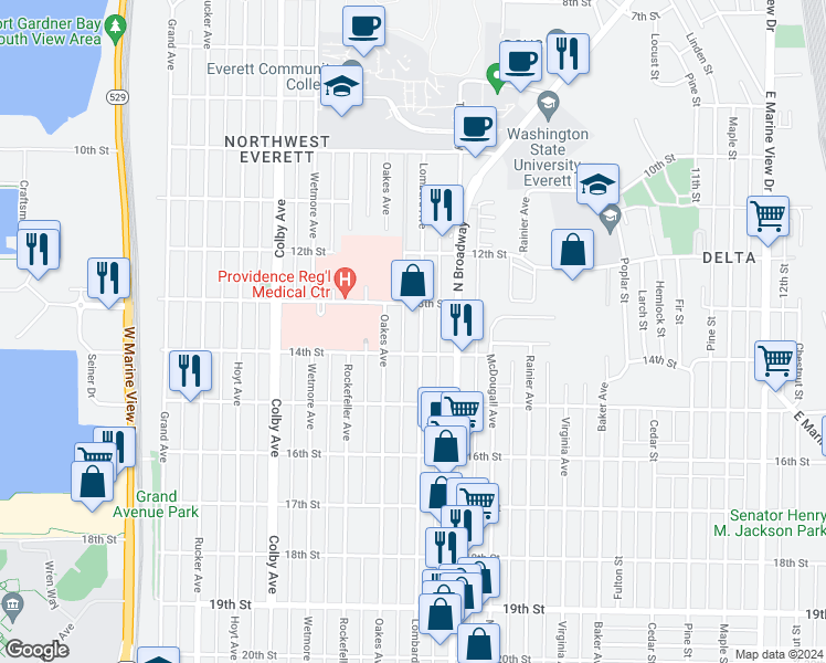 map of restaurants, bars, coffee shops, grocery stores, and more near 1320 Lombard Avenue in Everett