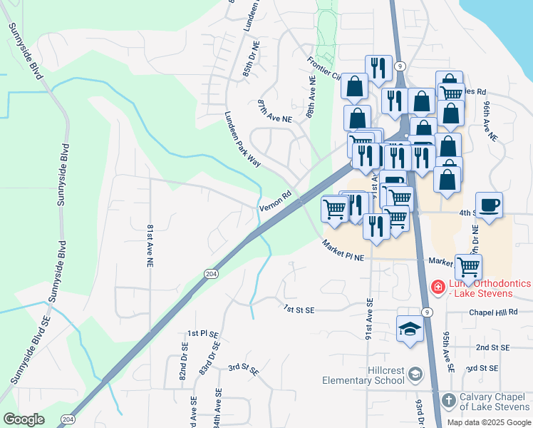 map of restaurants, bars, coffee shops, grocery stores, and more near 8602 Vernon Road in Lake Stevens