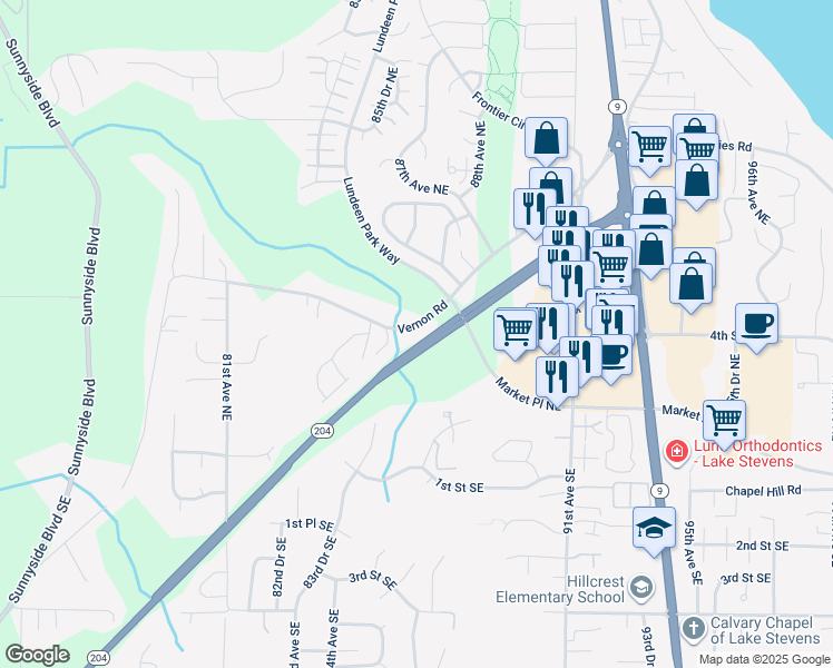 map of restaurants, bars, coffee shops, grocery stores, and more near 8602 Vernon Road in Lake Stevens