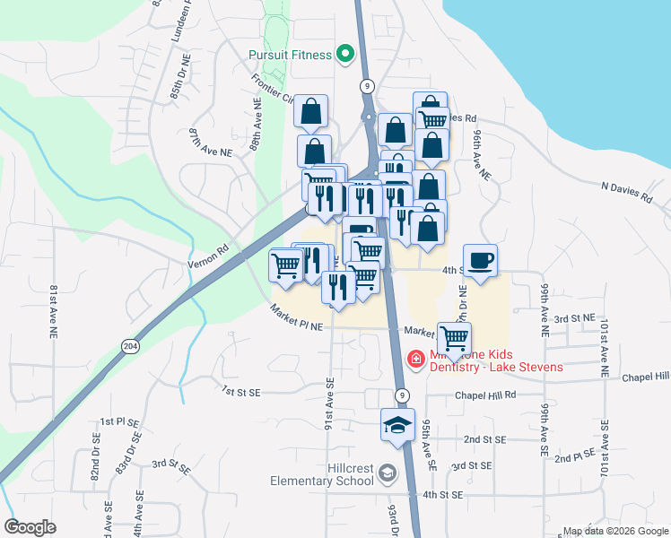 map of restaurants, bars, coffee shops, grocery stores, and more near 400 91st Avenue Northeast in Lake Stevens