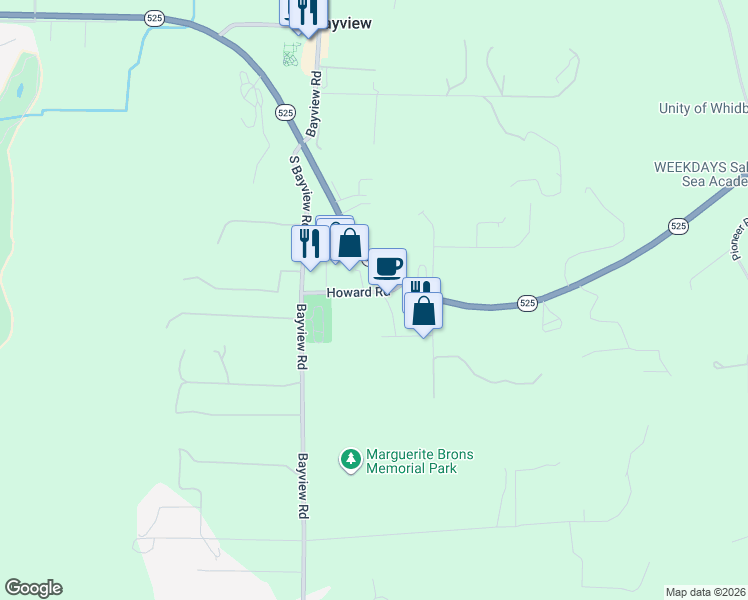 map of restaurants, bars, coffee shops, grocery stores, and more near Howard Rd in Langley