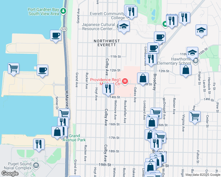 map of restaurants, bars, coffee shops, grocery stores, and more near 1321 Colby Avenue in Everett