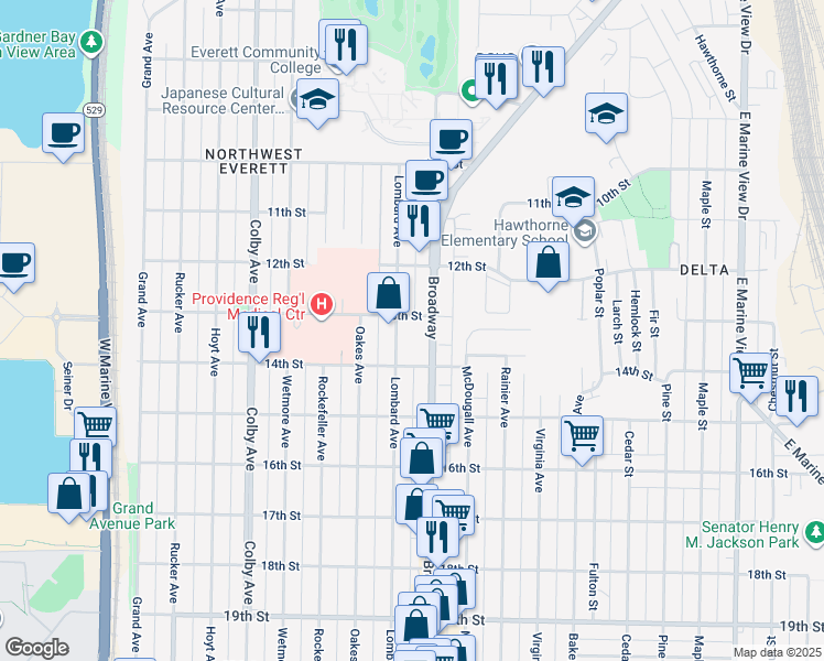 map of restaurants, bars, coffee shops, grocery stores, and more near 1301 Lombard Avenue in Everett