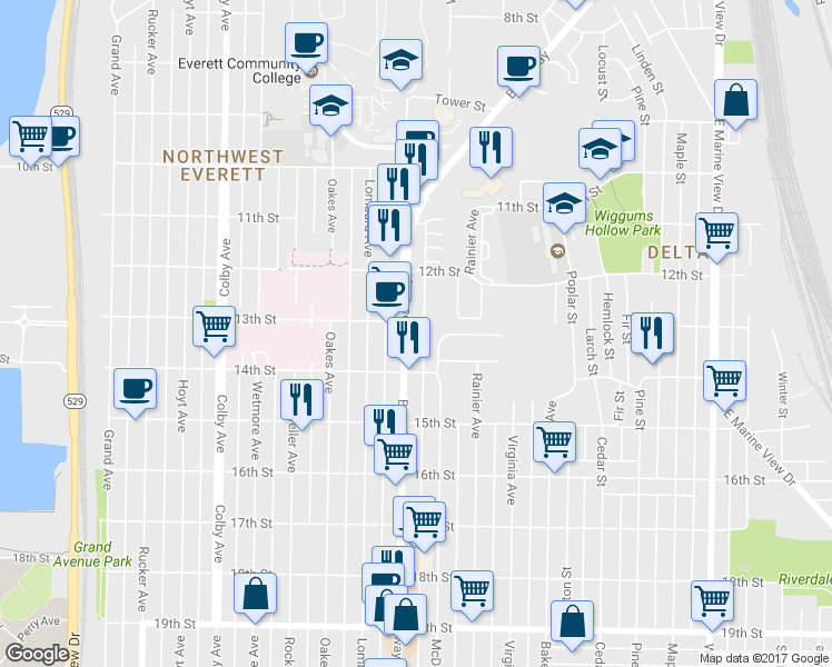 map of restaurants, bars, coffee shops, grocery stores, and more near 1305 Broadway in Everett