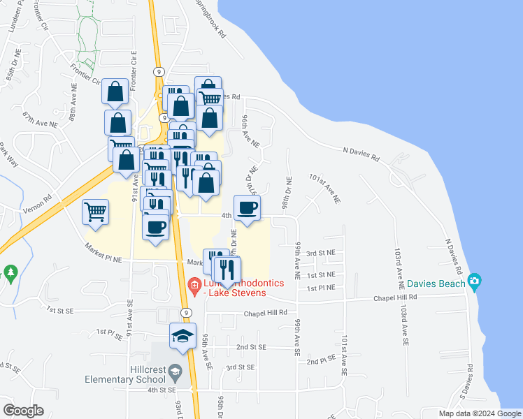 map of restaurants, bars, coffee shops, grocery stores, and more near 9725 4th Street Northeast in Lake Stevens