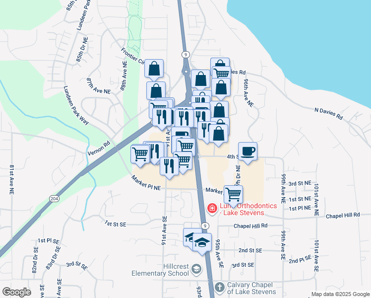 map of restaurants, bars, coffee shops, grocery stores, and more near 303 91st Avenue Northeast in Lake Stevens