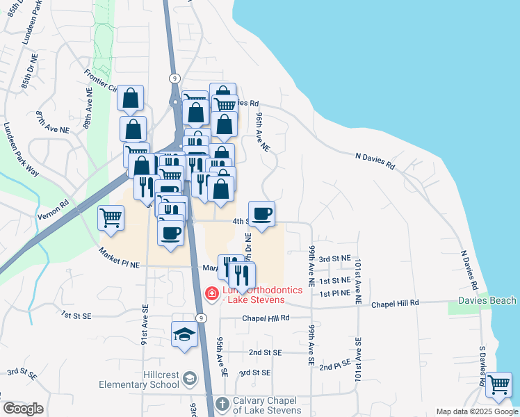 map of restaurants, bars, coffee shops, grocery stores, and more near 420 97th Drive Northeast in Lake Stevens