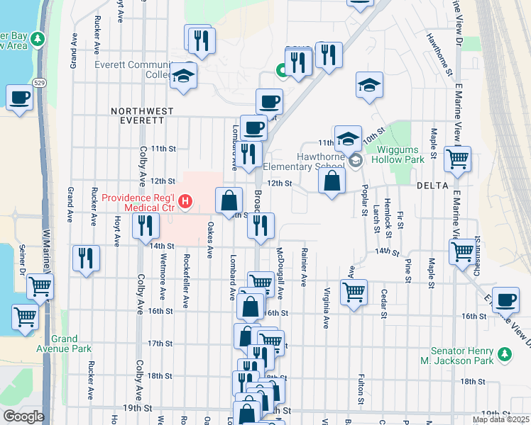 map of restaurants, bars, coffee shops, grocery stores, and more near 1305 Broadway in Everett