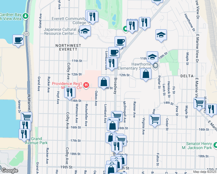 map of restaurants, bars, coffee shops, grocery stores, and more near 1301 Lombard Avenue in Everett