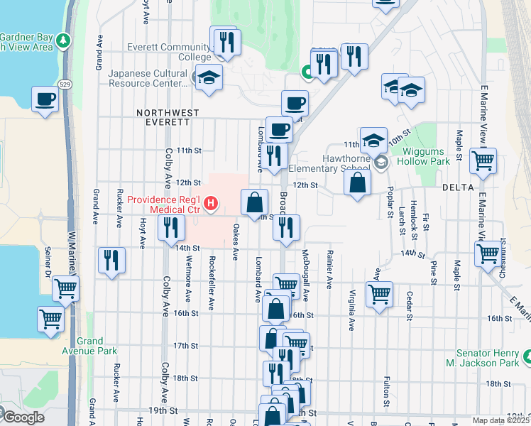 map of restaurants, bars, coffee shops, grocery stores, and more near 1231 Lombard Avenue in Everett