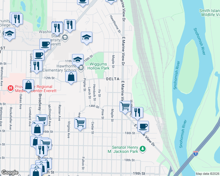 map of restaurants, bars, coffee shops, grocery stores, and more near 2902 13th Street in Everett