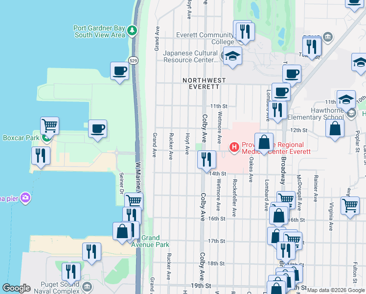 map of restaurants, bars, coffee shops, grocery stores, and more near 1305 Hoyt Avenue in Everett