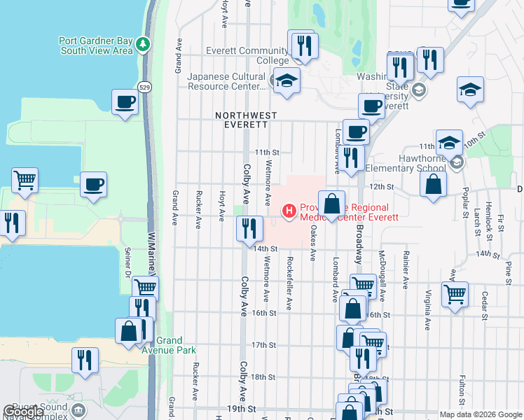 map of restaurants, bars, coffee shops, grocery stores, and more near 1820 14th Street in Everett