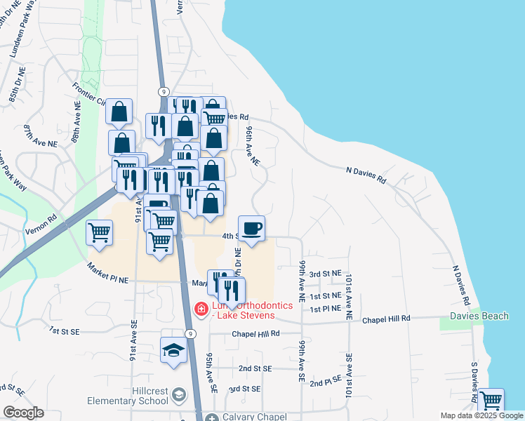 map of restaurants, bars, coffee shops, grocery stores, and more near 9729 5th Street Northeast in Lake Stevens