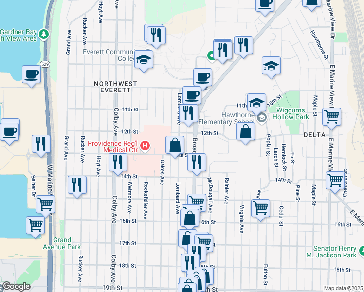 map of restaurants, bars, coffee shops, grocery stores, and more near 1201 Lombard Avenue in Everett