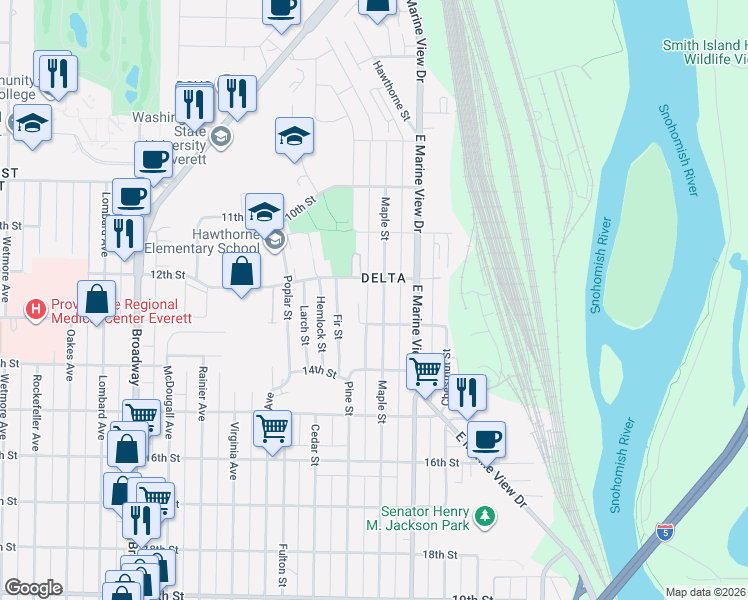 map of restaurants, bars, coffee shops, grocery stores, and more near 1131 Pine Street in Everett
