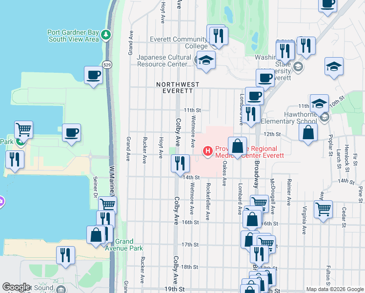 map of restaurants, bars, coffee shops, grocery stores, and more near 1602 12th Street in Everett
