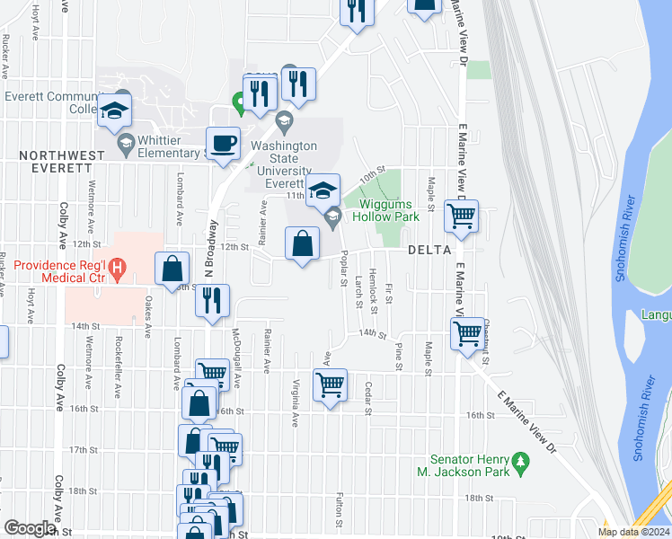 map of restaurants, bars, coffee shops, grocery stores, and more near 1217 Donovan Lane in Everett
