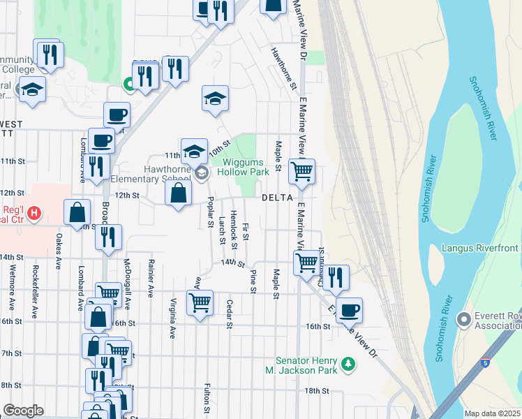map of restaurants, bars, coffee shops, grocery stores, and more near 1131 Pine Street in Everett