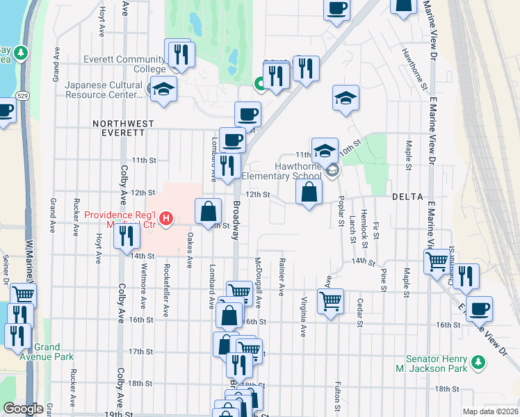 map of restaurants, bars, coffee shops, grocery stores, and more near 1130 Rainier Avenue in Everett