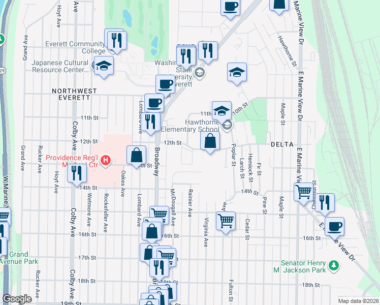 map of restaurants, bars, coffee shops, grocery stores, and more near 2232 12th Street in Everett