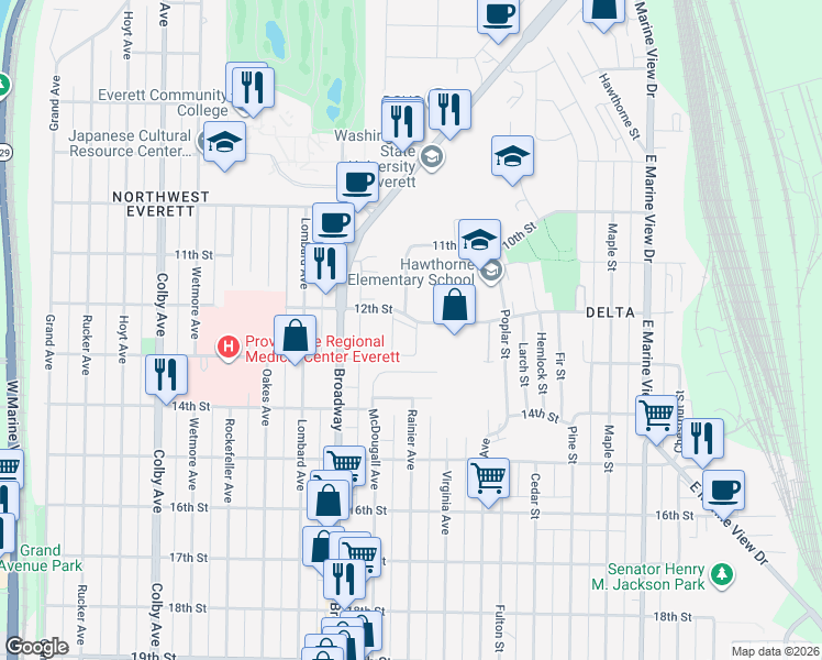 map of restaurants, bars, coffee shops, grocery stores, and more near 2232 12th Street in Everett