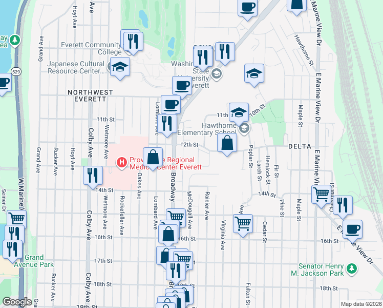 map of restaurants, bars, coffee shops, grocery stores, and more near 2204 12th Street in Everett