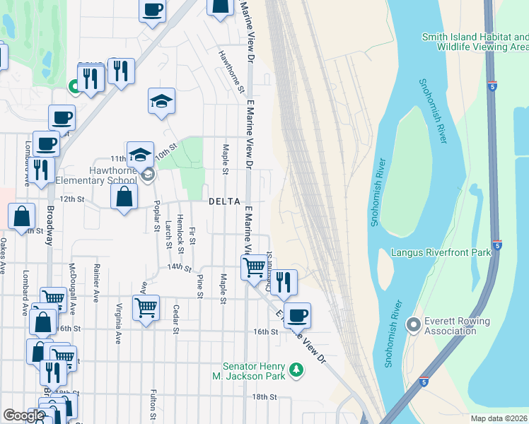 map of restaurants, bars, coffee shops, grocery stores, and more near 1131 East Marine View Drive in Everett