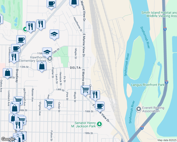 map of restaurants, bars, coffee shops, grocery stores, and more near 1131 East Marine View Drive in Everett