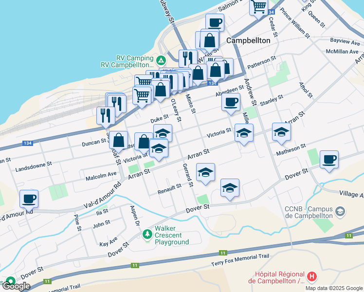 map of restaurants, bars, coffee shops, grocery stores, and more near 6 Gerrard Street in Campbellton