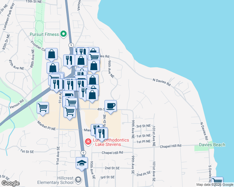 map of restaurants, bars, coffee shops, grocery stores, and more near 9729 5th Street Northeast in Lake Stevens