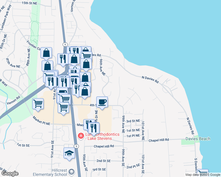 map of restaurants, bars, coffee shops, grocery stores, and more near 9729 5th Street Northeast in Lake Stevens