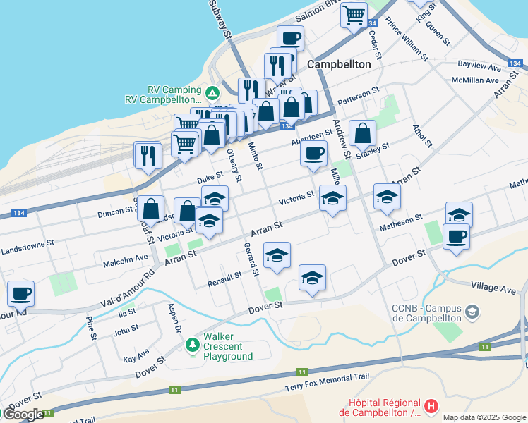 map of restaurants, bars, coffee shops, grocery stores, and more near 54 Victoria Street in Campbellton