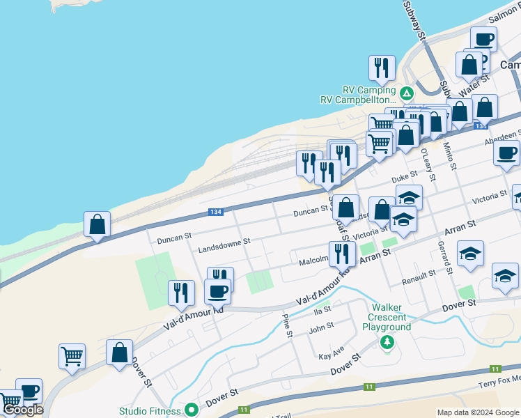 map of restaurants, bars, coffee shops, grocery stores, and more near 204 Roseberry Street in Campbellton