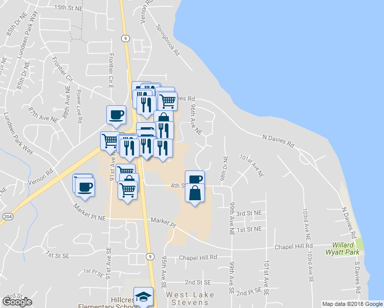 map of restaurants, bars, coffee shops, grocery stores, and more near 528 97th Drive Northeast in Lake Stevens