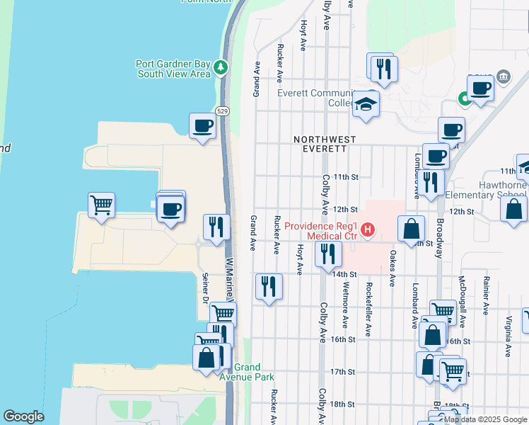 map of restaurants, bars, coffee shops, grocery stores, and more near 1310 12th Street in Everett