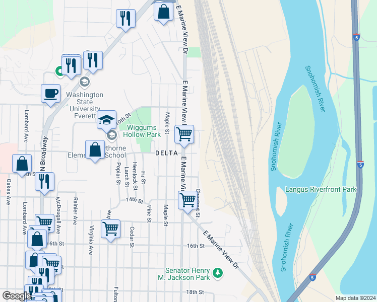 map of restaurants, bars, coffee shops, grocery stores, and more near 1131 East Marine View Drive in Everett