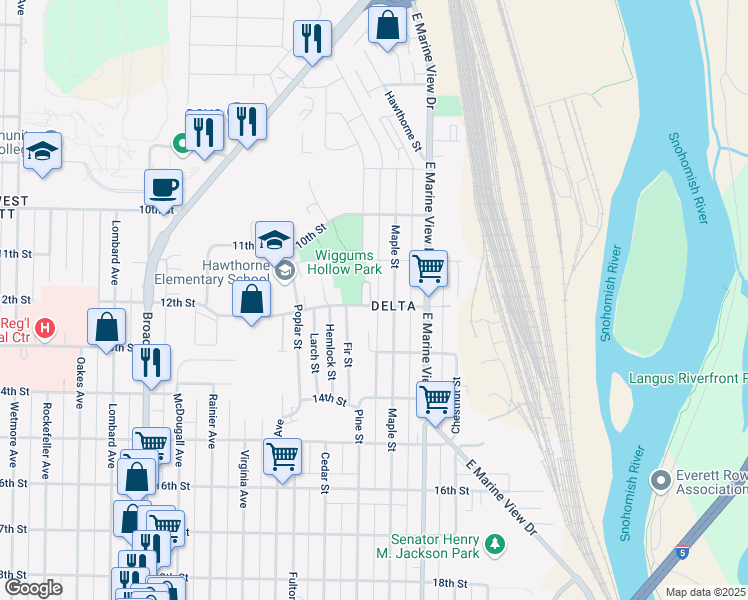 map of restaurants, bars, coffee shops, grocery stores, and more near 1131 Pine Street in Everett