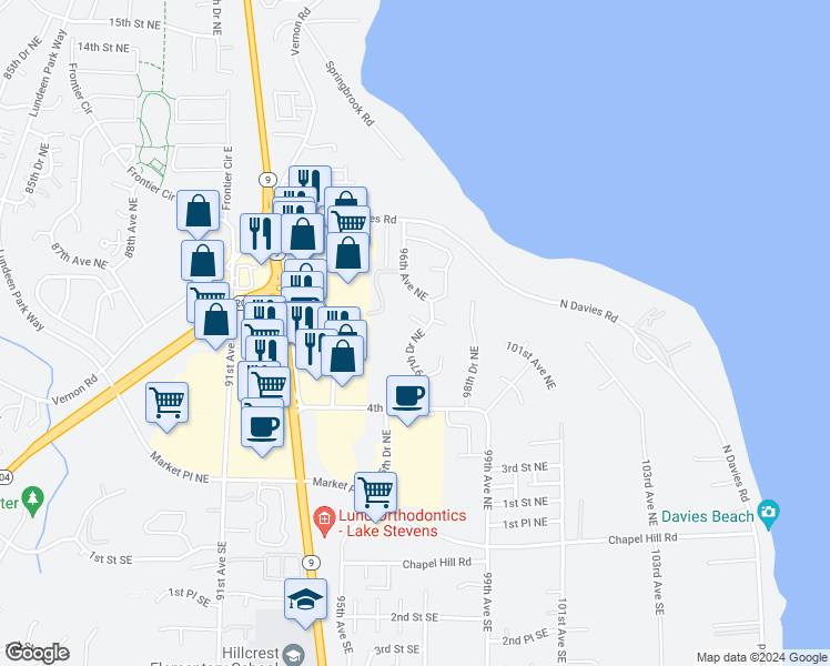 map of restaurants, bars, coffee shops, grocery stores, and more near 528 97th Drive Northeast in Lake Stevens