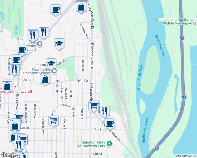 map of restaurants, bars, coffee shops, grocery stores, and more near 1131 East Marine View Drive in Everett