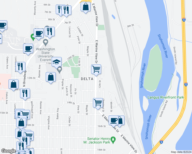 map of restaurants, bars, coffee shops, grocery stores, and more near 1127 East Marine View Drive in Everett