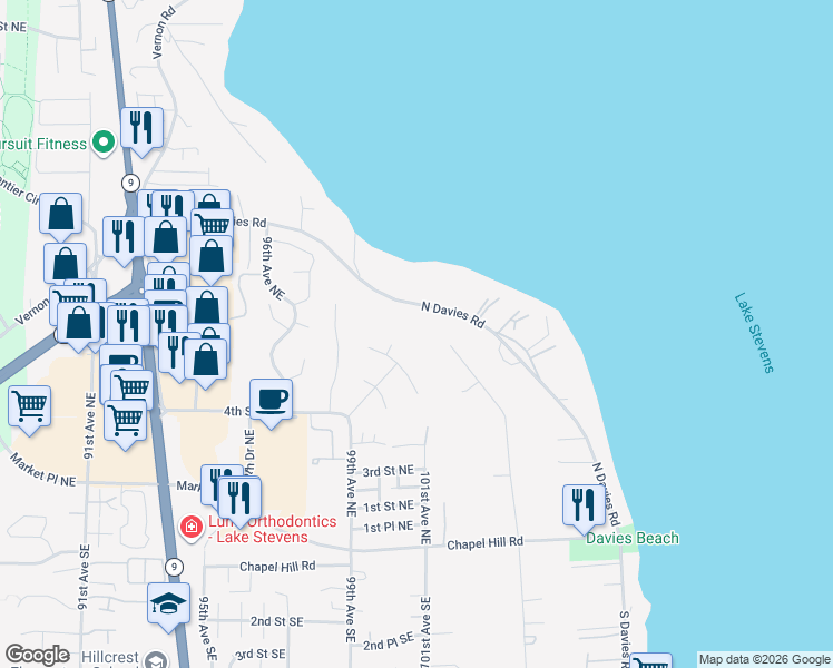 map of restaurants, bars, coffee shops, grocery stores, and more near 507 101st Avenue Northeast in Lake Stevens