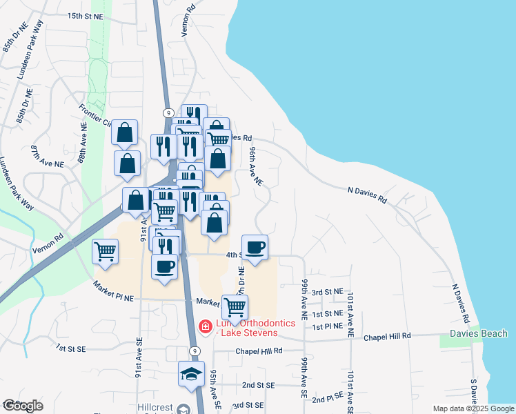 map of restaurants, bars, coffee shops, grocery stores, and more near 532 97th Drive Northeast in Lake Stevens