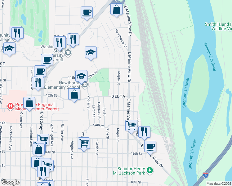 map of restaurants, bars, coffee shops, grocery stores, and more near 1131 Pine Street in Everett