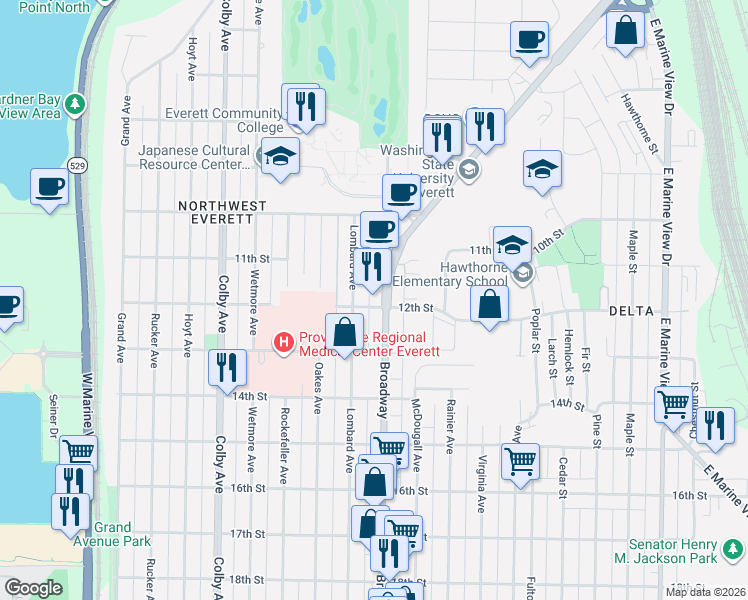 map of restaurants, bars, coffee shops, grocery stores, and more near 1130 Broadway in Everett