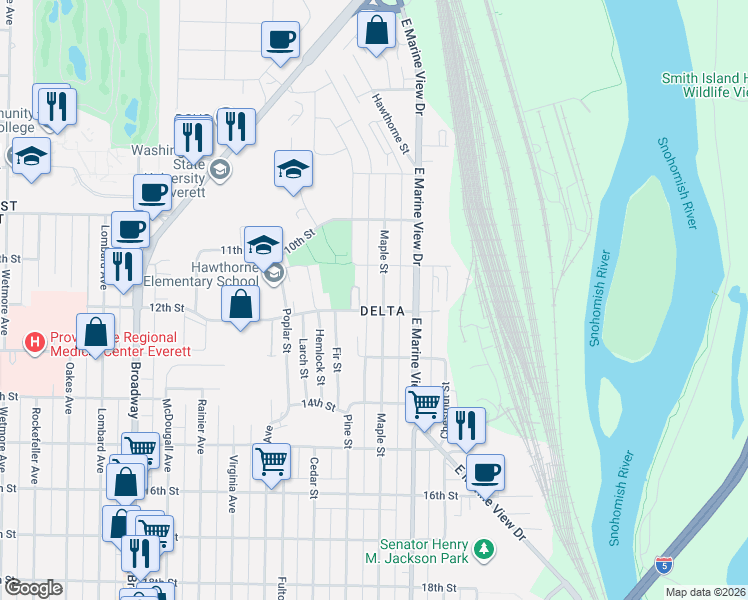 map of restaurants, bars, coffee shops, grocery stores, and more near 1131 Pine Street in Everett