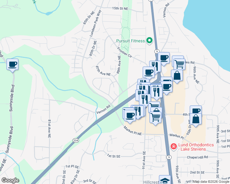 map of restaurants, bars, coffee shops, grocery stores, and more near 8725 Vernon Road in Lake Stevens