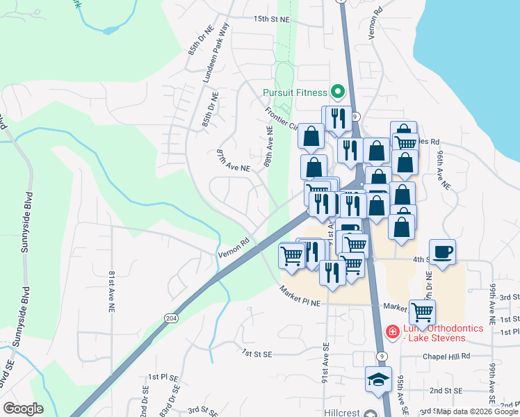 map of restaurants, bars, coffee shops, grocery stores, and more near 8725 Vernon Rd in Lake Stevens
