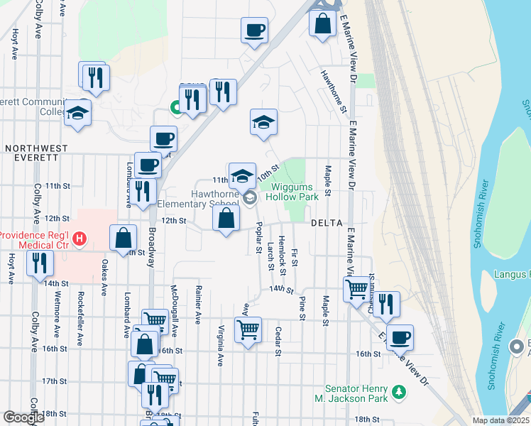 map of restaurants, bars, coffee shops, grocery stores, and more near 2701 12th Street in Everett